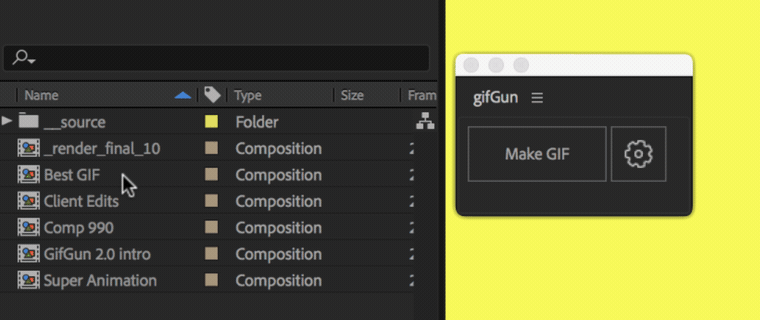 Selecting compositions in the After Effects Project panel and clicking Make GIF in the GifGun panel
